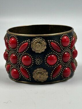 Wide Cuff Bracelet Brass Tone Red Stone Cabochon Statement Studded Boho